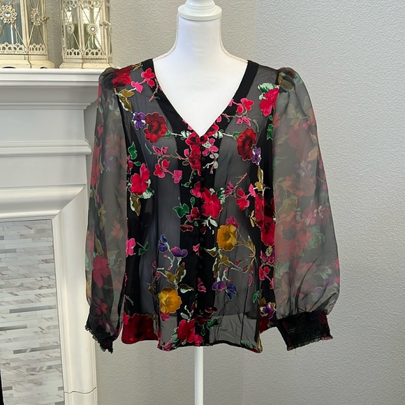 Boston Proper Floral Print Organza Button Up Long Sleeve Shirt - Picture 4 of 13